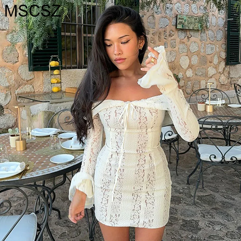 

MSCSZ 2025 New Off Shoulder Mini Dress Women Vintage White Lace Mini Dress Flare Long Sleeve Bodycon Short Party Evening Dress