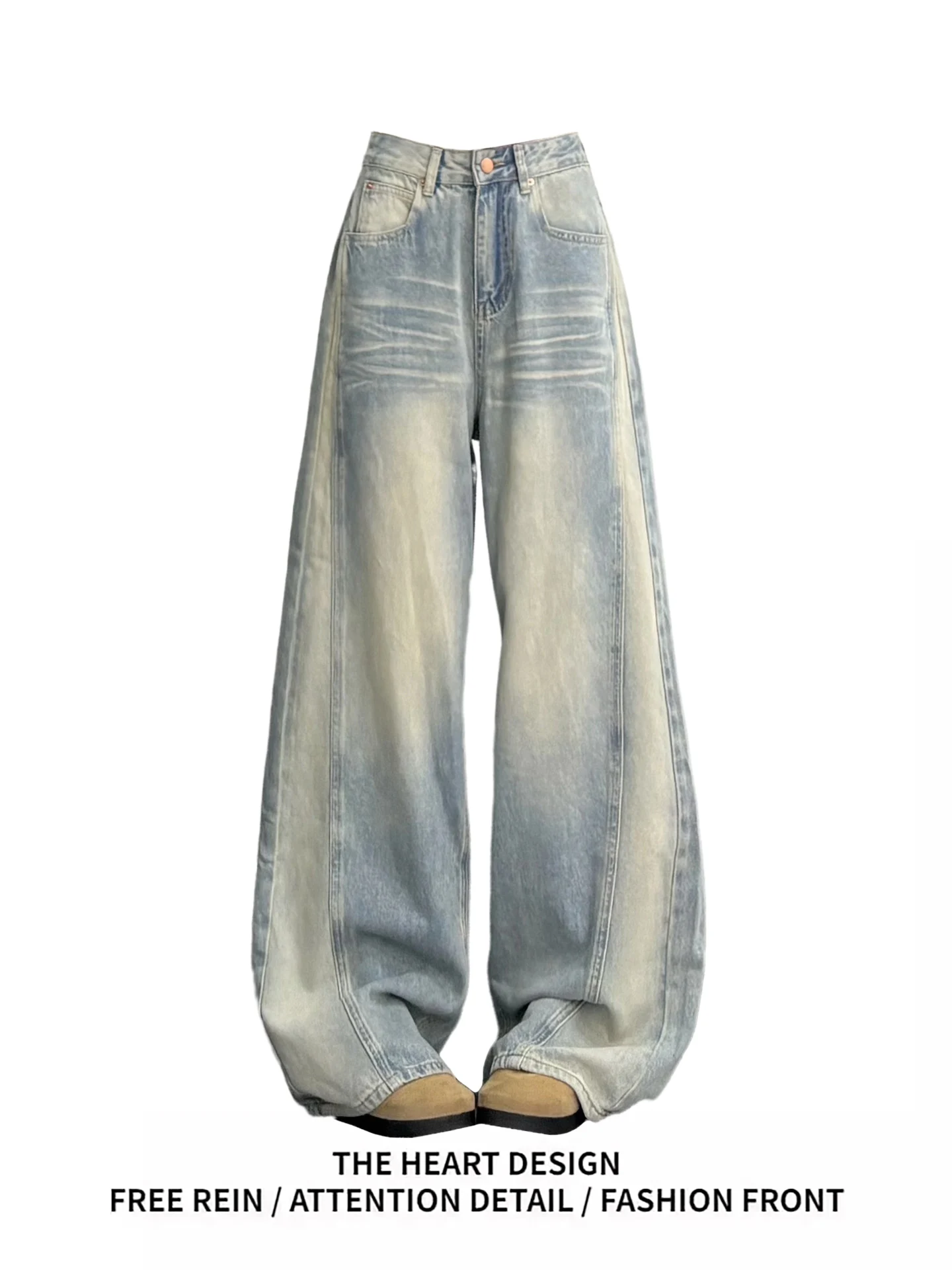 

Retro American Waed Denim Pants Women's Autumn Winter Loose Straight Leg Wide Leg Pants Floor-Length Trousers