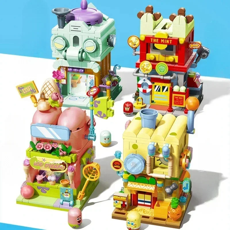 SEMBO BLOCK SpongeBob SquarePants Double-layer Street View Building Blocks Children\'s Assembly Toy Model Ornaments Holiday Gift