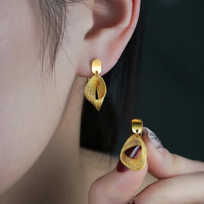 Retro Light Luxury 24K Gold Earrings For Women, Exquisite 9999 Real Gold Niche Design,Fashion Commuting And Temperament Earrings