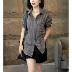 Vintage Fashion Autumn New Women's POLO Collar Pockets Striped Single Breasted Temperament Casual Loose Long Sleeve Shirts Tops