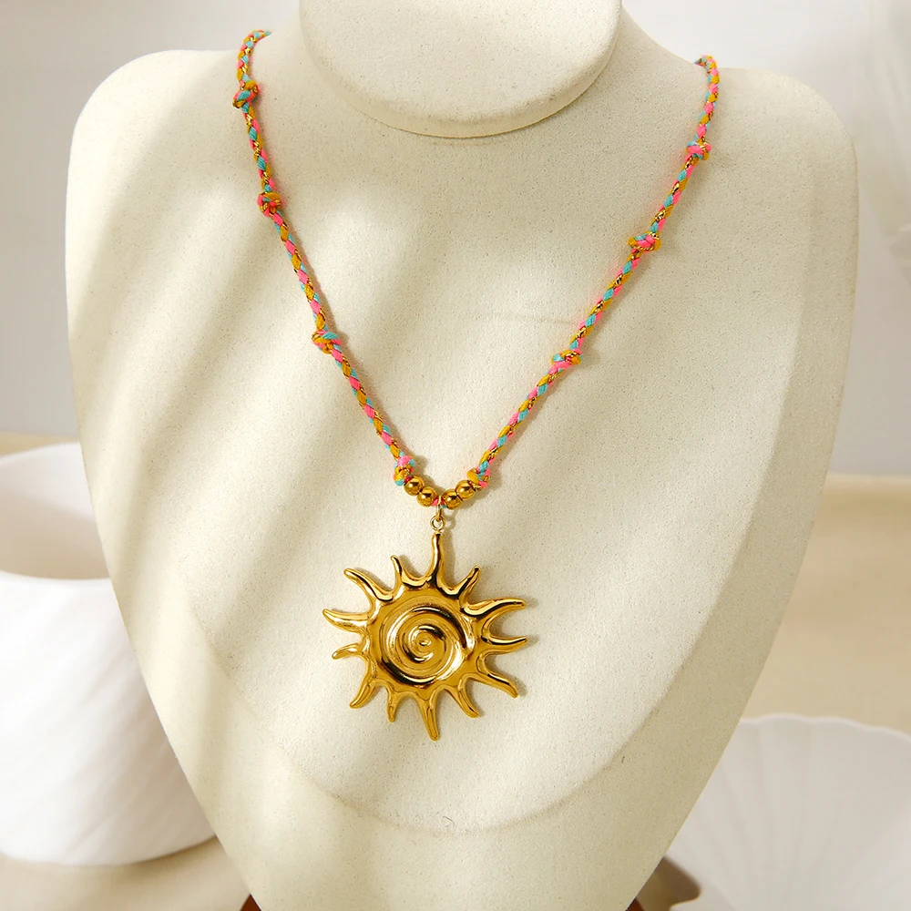 

Boho Sun Pendant Necklace 18K Gold Plated Stainless Steel with Braided Cord Unique Minimalist Pendant Necklace Jewelry for Women