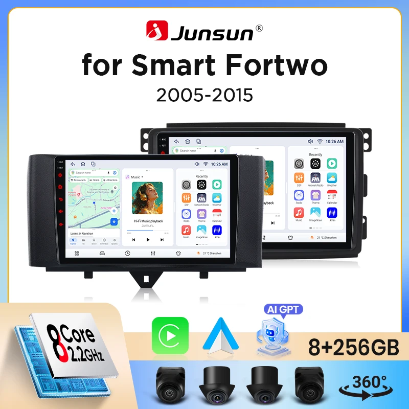 Junsun Wireless CarPlay Android Auto Autoradio für Smart Fortwo (W451) 2007-2014 mit integriertem Lüfter, Android GPS-Navigation, Multimedia-Player, WiFi, DSP, RDS, BT, SWC, IPS-Touchscreen,