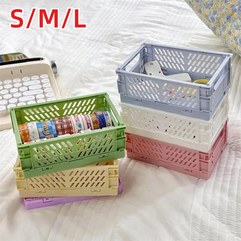 

S/M/L Folding Storage Basket Student Desktop Tape Storage Box Stationery Plastic Foldable Container Home Organizers Storage