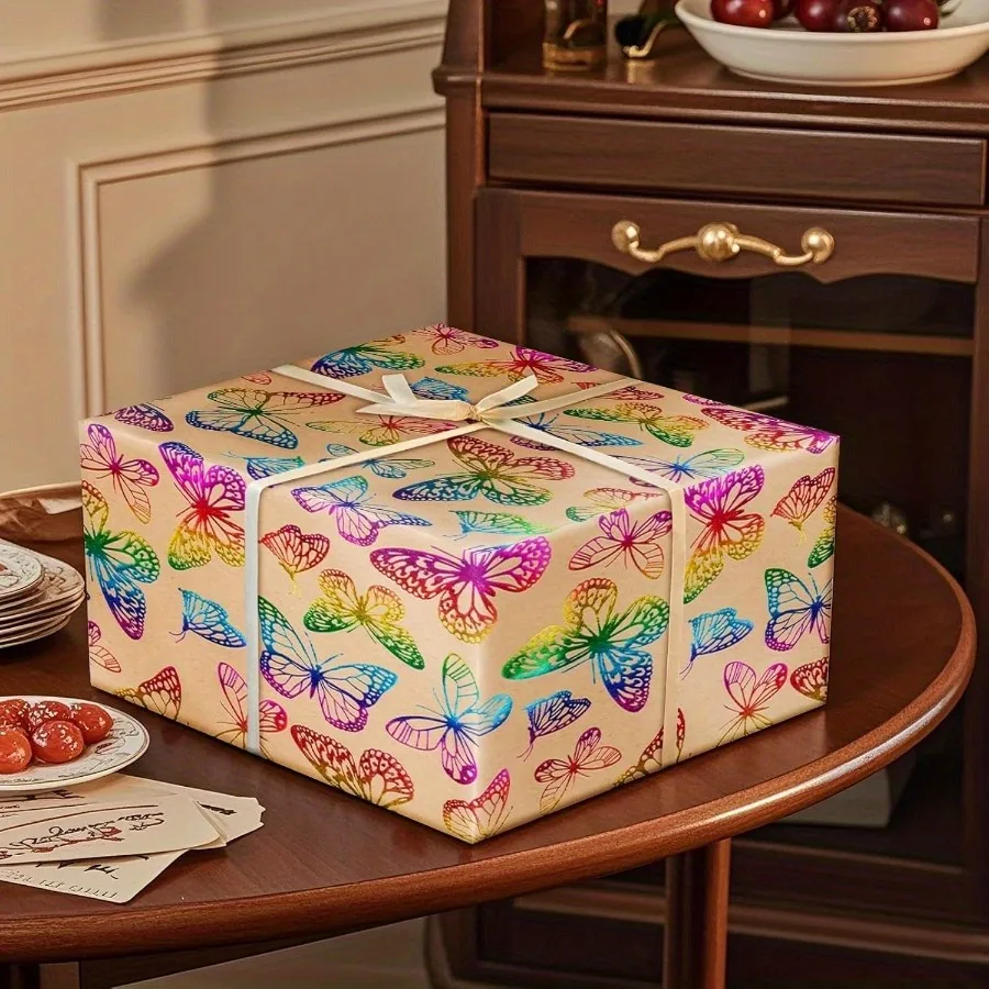 Gold Leaf Butterfly Gift Wrapping Paper, Laser Packaging Paper（43x300cm), Suitable for Birthdays and Party Parties
