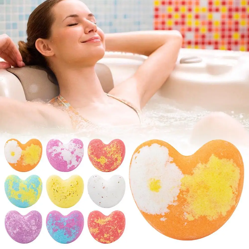 Bola de sal de baño en forma de corazón, productos de aceite esencial de baño, Bola de baño de Spa antiestrés, limpiador explotando, alivio del pie del arco iris, L8Y7, 40g