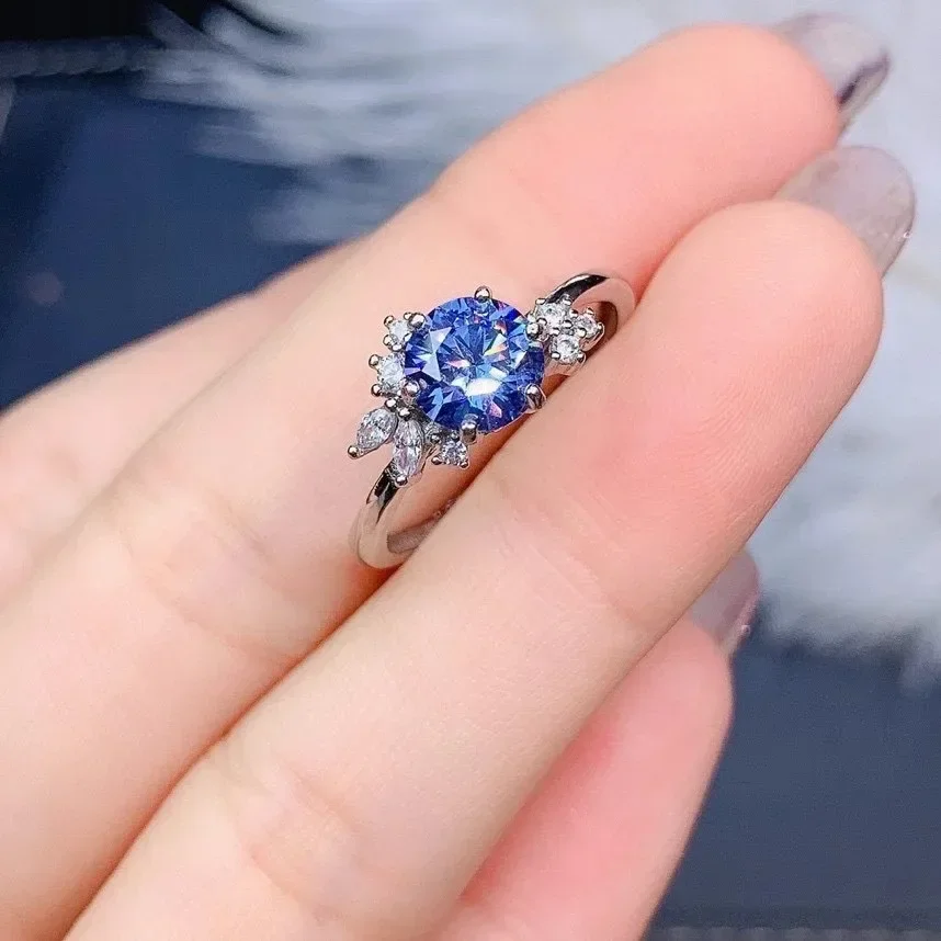 Blue Moissanite Ring Instrument Tested 925 Silver Resizable Ring Ladies 1 Carat D Color VVS1 jewelry for women