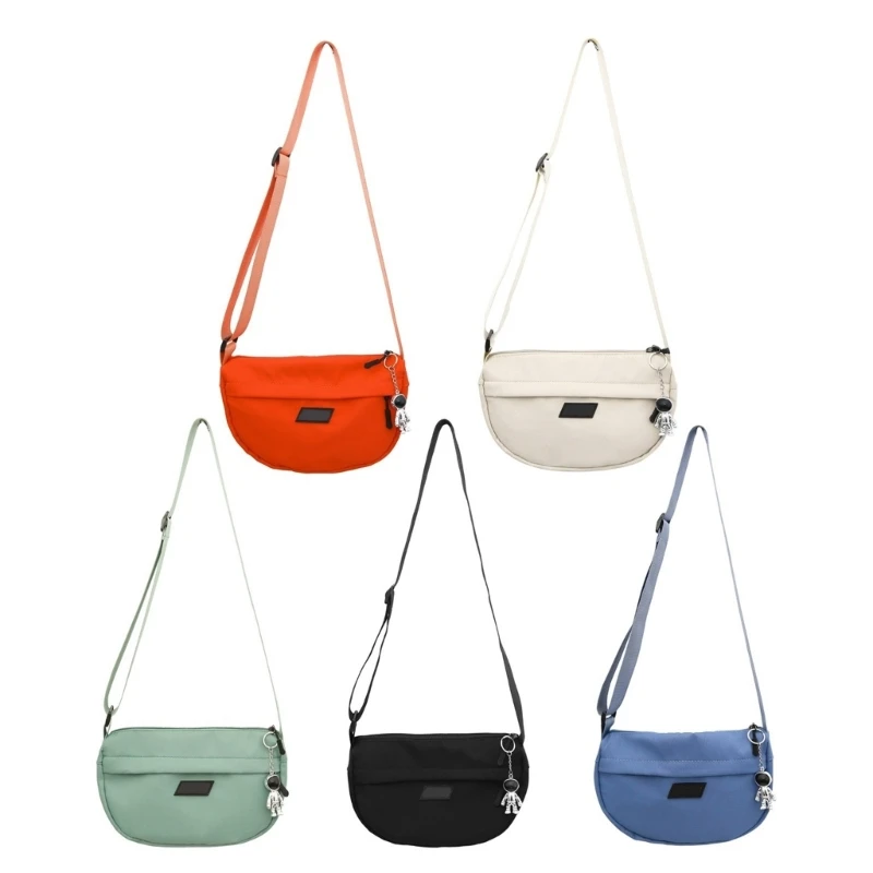 Sophisticated Moon Bag Harajuku Nylon Crossbody Bag Solid Color Zippered Shoulder Purse with Adjustable Strap