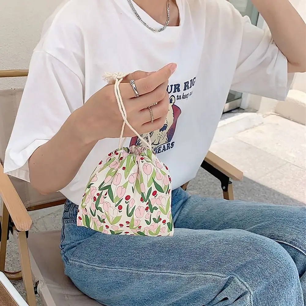 Canvas Tulip Drawstring Bag Cute Coin Purse Pastoral Style Vintage Drawstring Pocket Pull Rope Pouch Women Girls Ladies