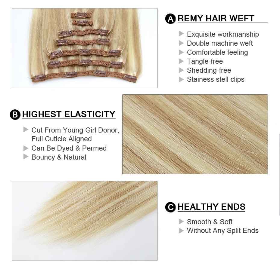 Clip In Natural Hair Extension Human Hair 100% Real Remy Brazilian Hair Straight Clips On Extensions Blonde 16