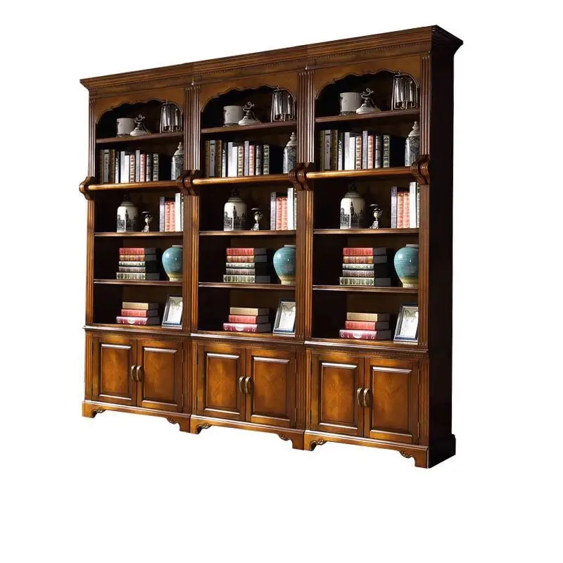 

American bookcase solid wood combination storage living room floor bookcase European glass door bookshelf storage study