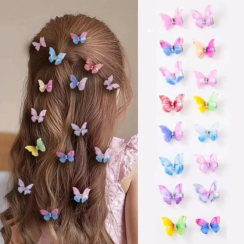 8/12 pieces, colors vary. Women’s gradient double-layered butterfly hair clips. Cute, princess-themed daily accessory set.