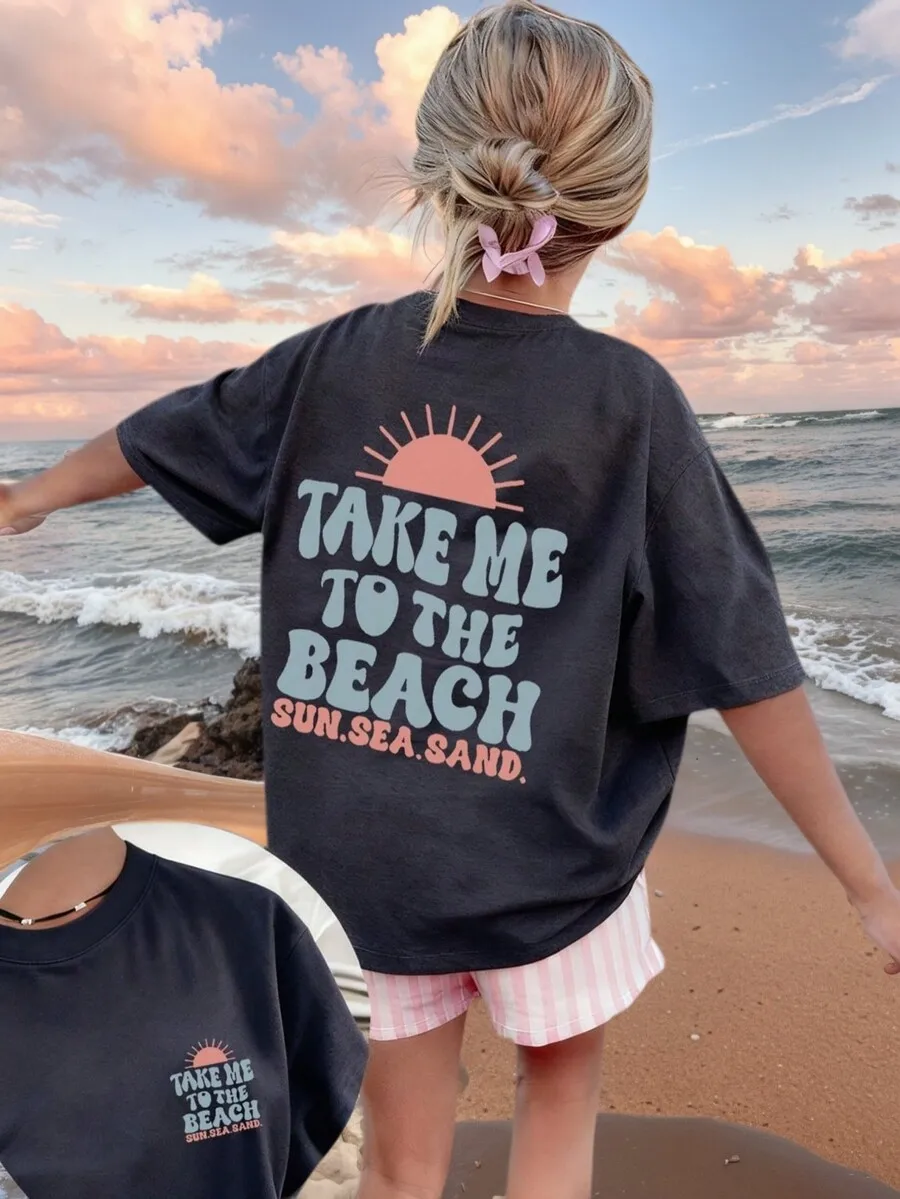 

Girls Oversized Graphic Tee with Sunset Print, Soft Cotton Short Sleeve Top for Summer