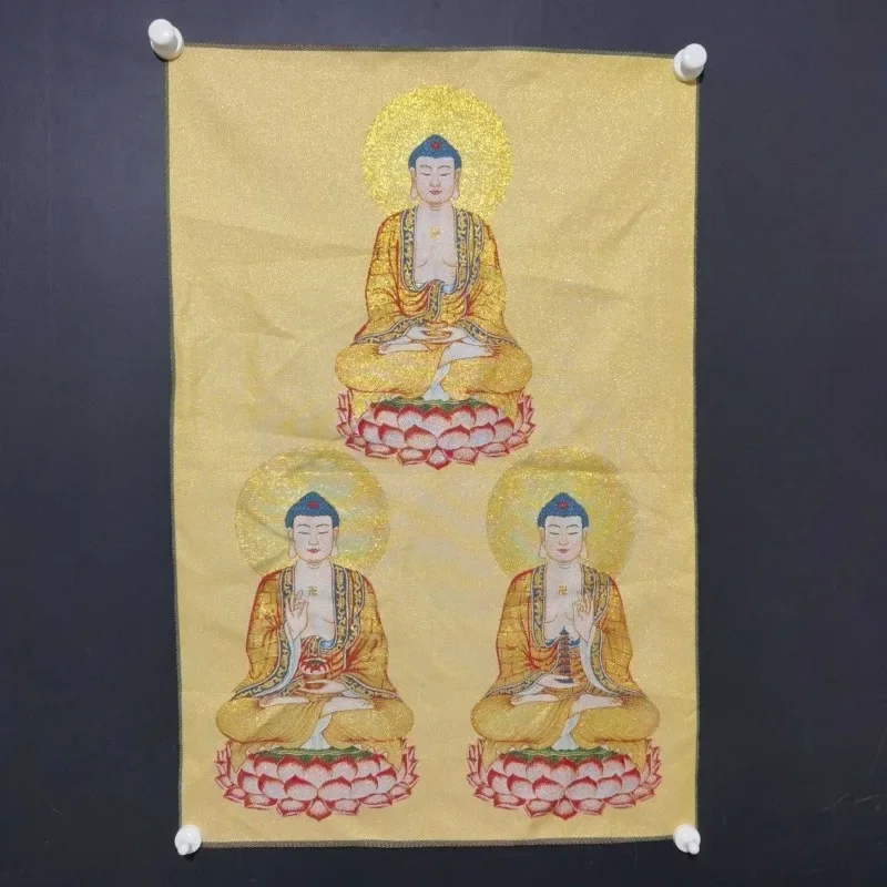 Three Buddhas Thangka Past Present Future Buddha Sakyamuni, Amitabha Medicine Buddha Brocade Buddhist Wall Altar Home Decor