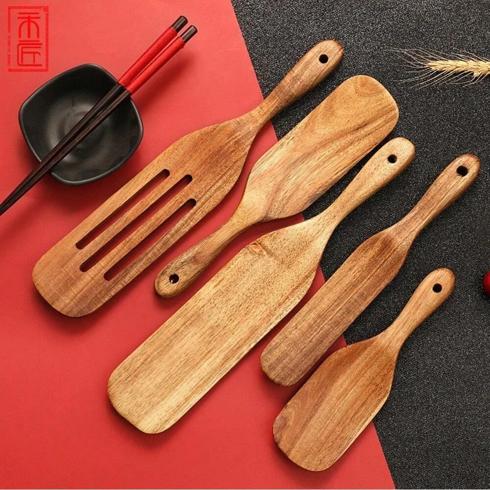Juego de 5 Utensilios de Cocina de Madera: Pala para Pizza, Dim Sum, Ensaladas y Mezclas, Cuchara y Otros Utensilios de Mesa