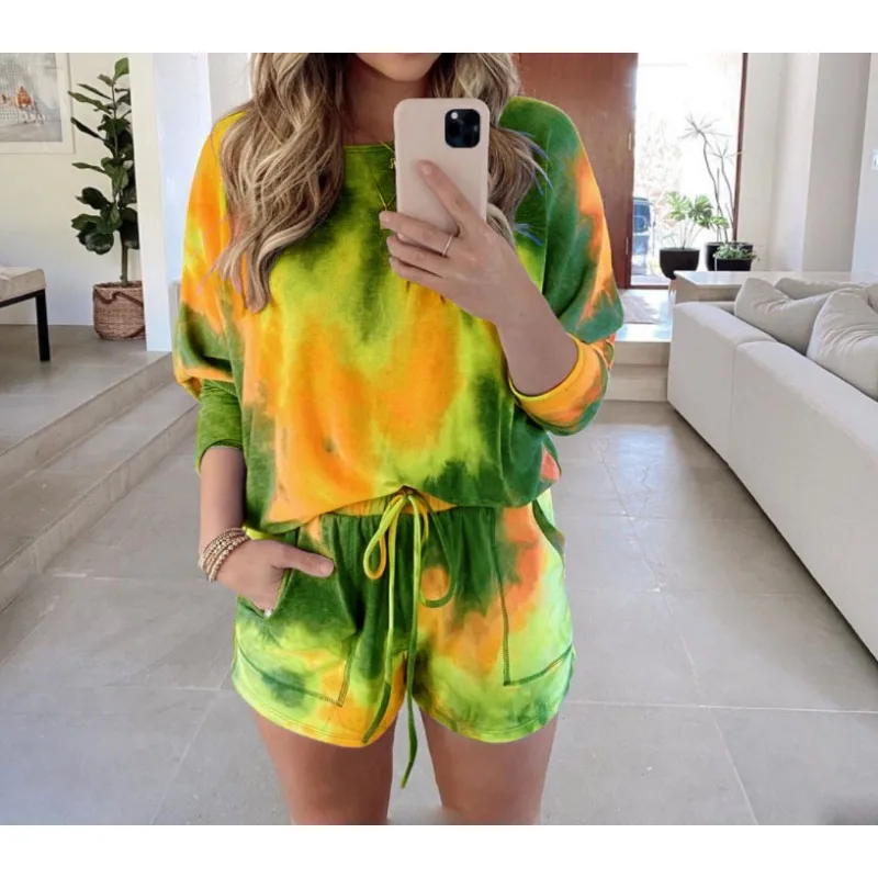 Casual Home Two Piece Set of Shorts for Women Female Clothing Summer Women\'s Fashion Tie Dye Printed Long Sleeved & Shorts Sets