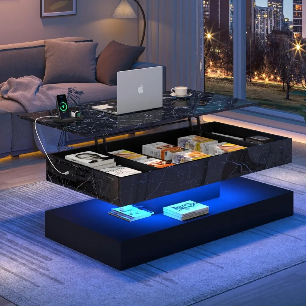 

47.2" Large Lift Top Coffee Table with Charging Station, LED Modern High Glossy Center Table with Hidden Compartment Storage, Bl