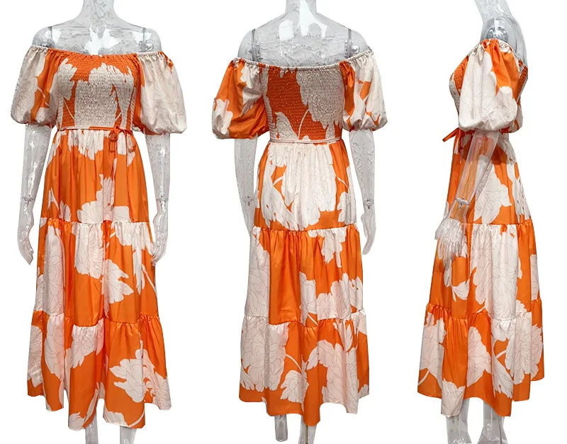 Abiti estivi con stampa floreale ritagliata con scollo a O Abiti eleganti da donna a maniche corte Abito casual a pieghe Abito lungo da spiaggia altalena