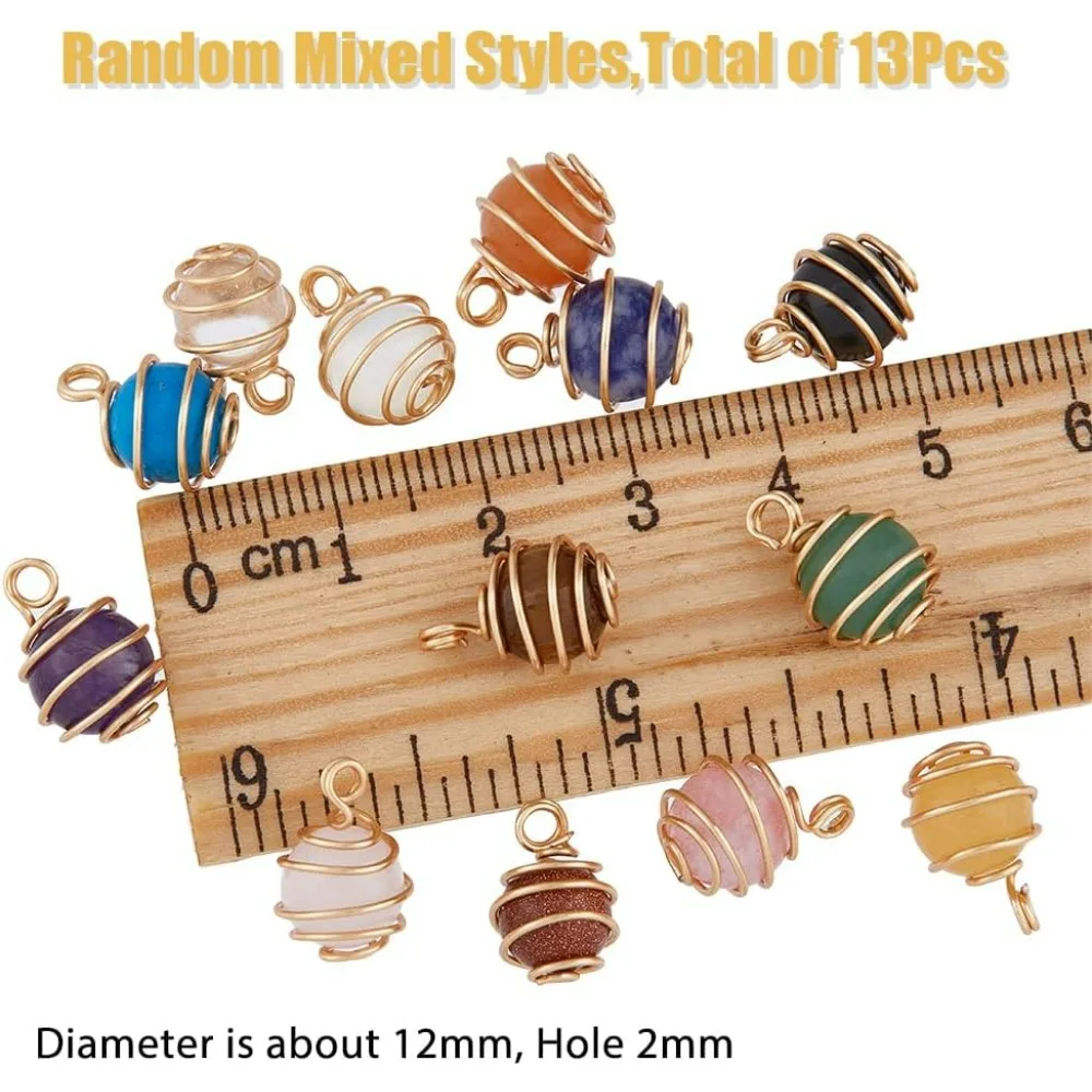 13Pcs 13 Styles Wire Wrapped Round Charms Random Mixed Color Natural Stone Pendants Charms Metal Ball Bulk Dangle Charms