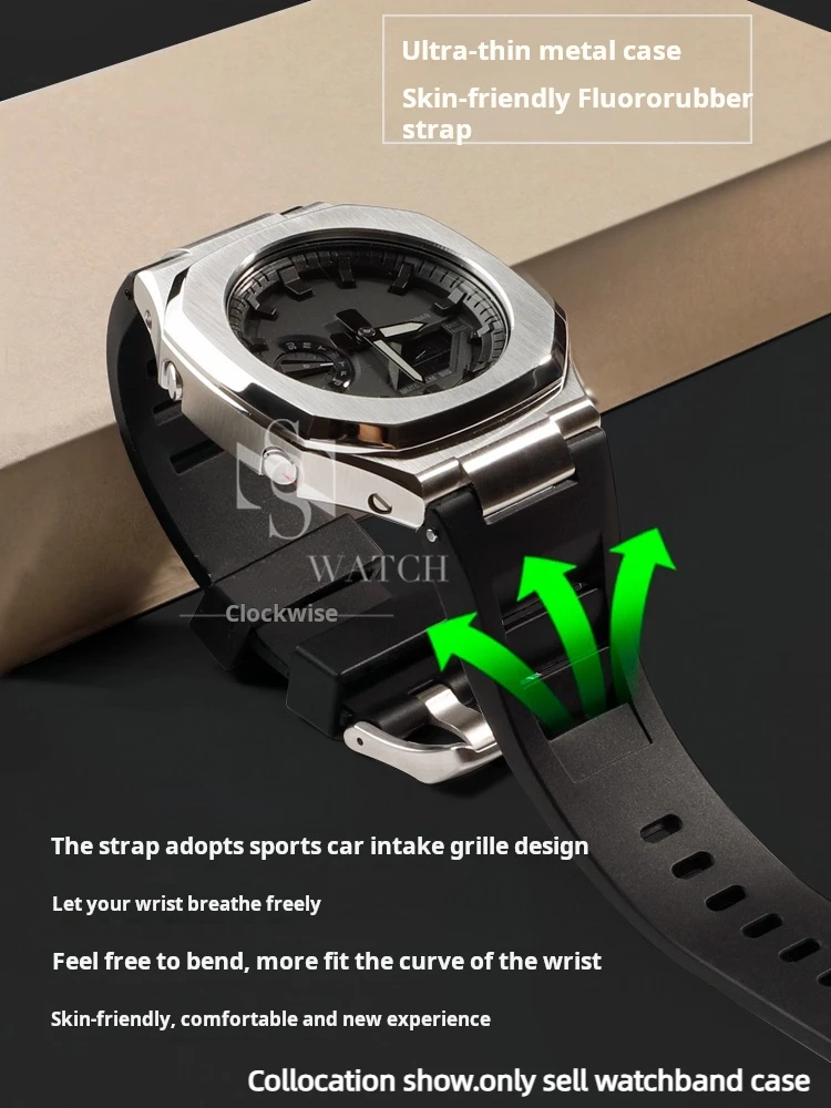 طقم عصري لساعة كاسيو G-SHOCK GA-2100 2110 B2100 حافظة من الفولاذ المقاوم للصدأ معدلة FKM حزام مطاطي فلوري أجزاء سوار معدني للرجال