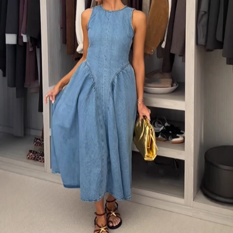 

Elegant 2025 Solid High Waist Office Long Dress Women Chic Cocktail Temperament Dress Summer Fashion O-Neck Denim Party Dress