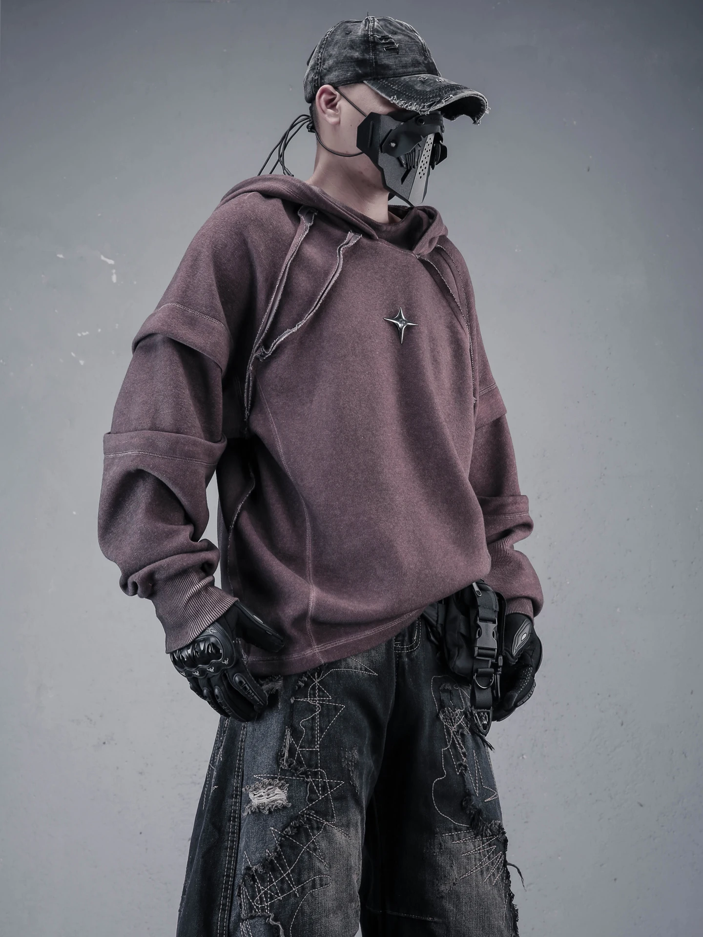 Desert Wasteland Style Hoodie Men's Vintage Washed Dyeing Split Splicing Lazy Brand Cotton Polyester Blend Long Sleeve Sweats...