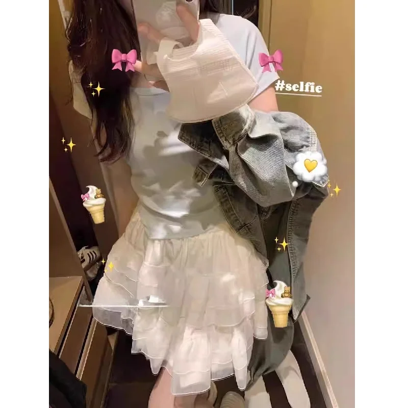 

Белая пышная юбка-трапеция в балетном стиле для девочек, весенняя, с завышенной талией, стройнящая, повседневная, для отдыха, многоярусная юбка-кейк