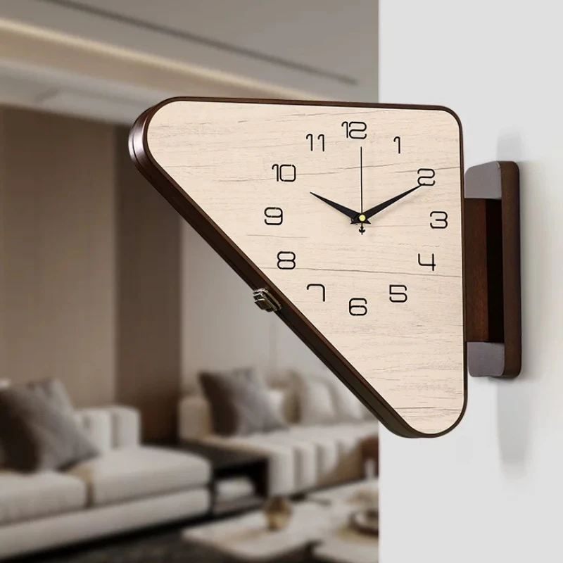 Triangular Silent Wooden Timepiece for Home,Corner Double-Sided Wall Clock,  Background Decor Accent for Living Room & Hallway