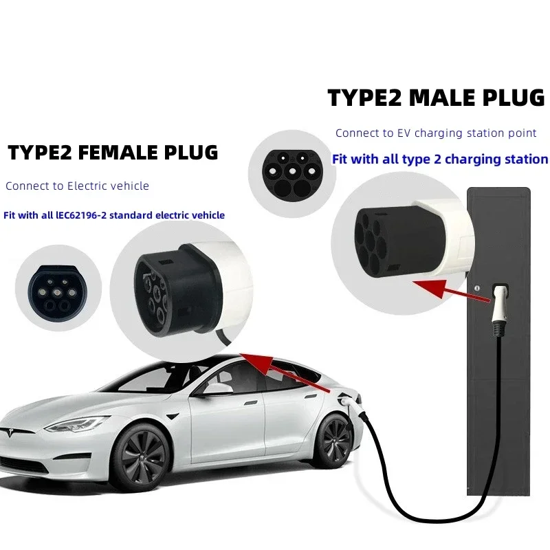 Vehicle Charging Station Replacement Plug for Electric Vehicles 16A 32A EV Charger Type 2 Male Plug to Female IEC62196-2 Adapter