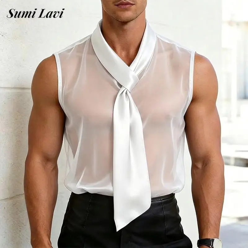 Stylish Wrap Tie-up Mesh Tank Tops 2026 Summer Vintage Mens Solid Color See Through Mesh Shirt Men Fashion Sleeveless Camisoles