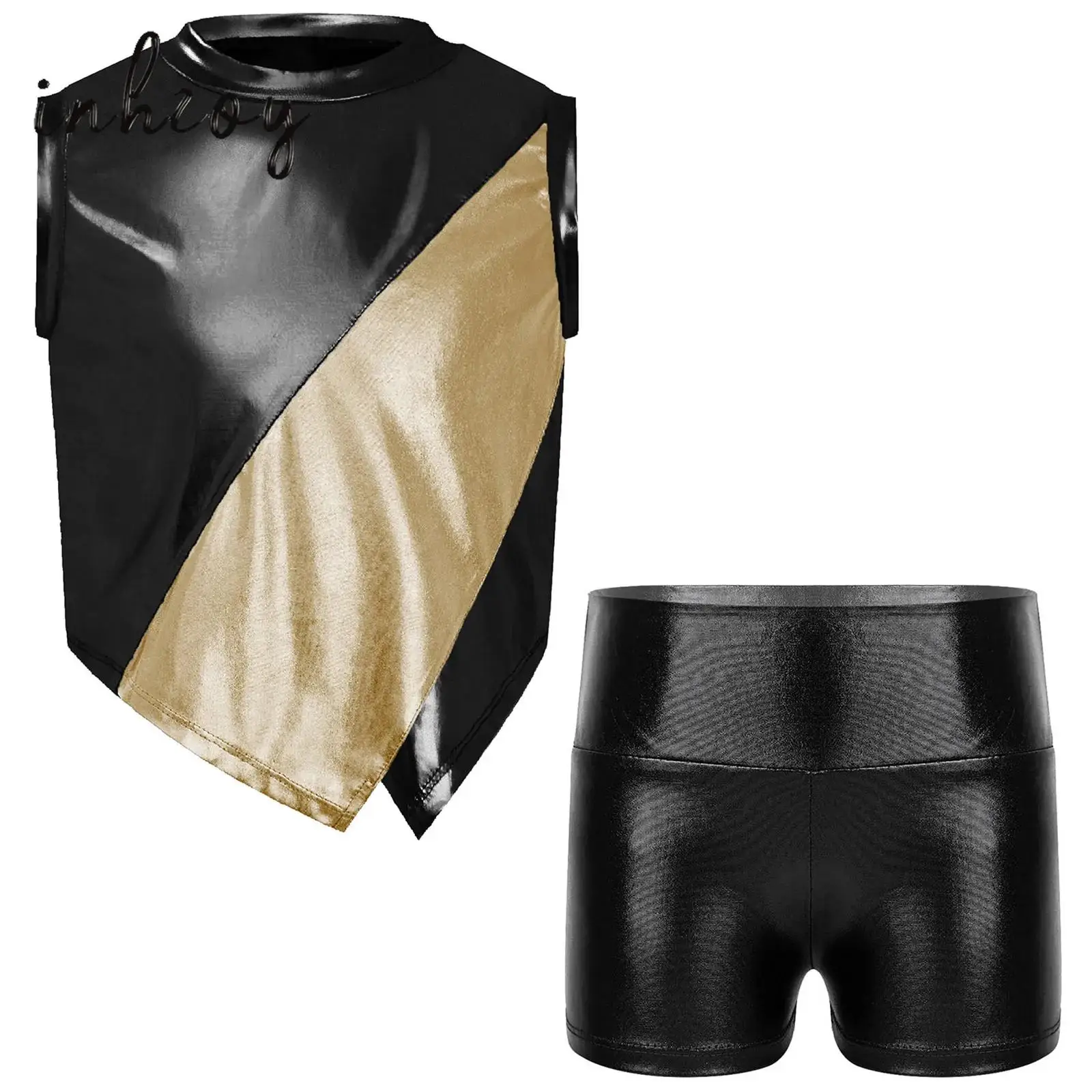 

Kids Girls Hip Hop Jazz Dance Costume Set Sleeveless Irregular Hem Color Block Metallic Vest with Shiny Short Stage Show Outfit