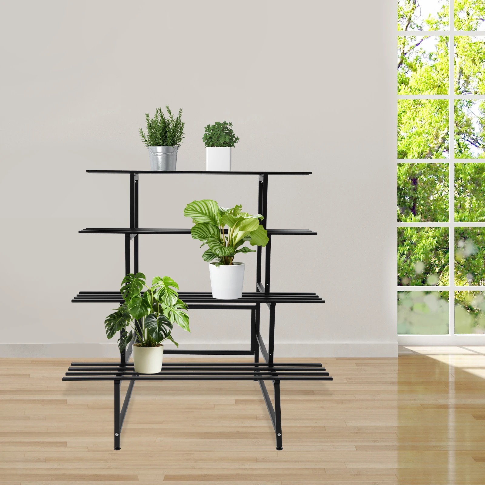 

4-tier Ladder Metal Plant Stand Planter Stepped Plant Stand Display Shelf Garden Adjustable Feet for Balconies and Gardens