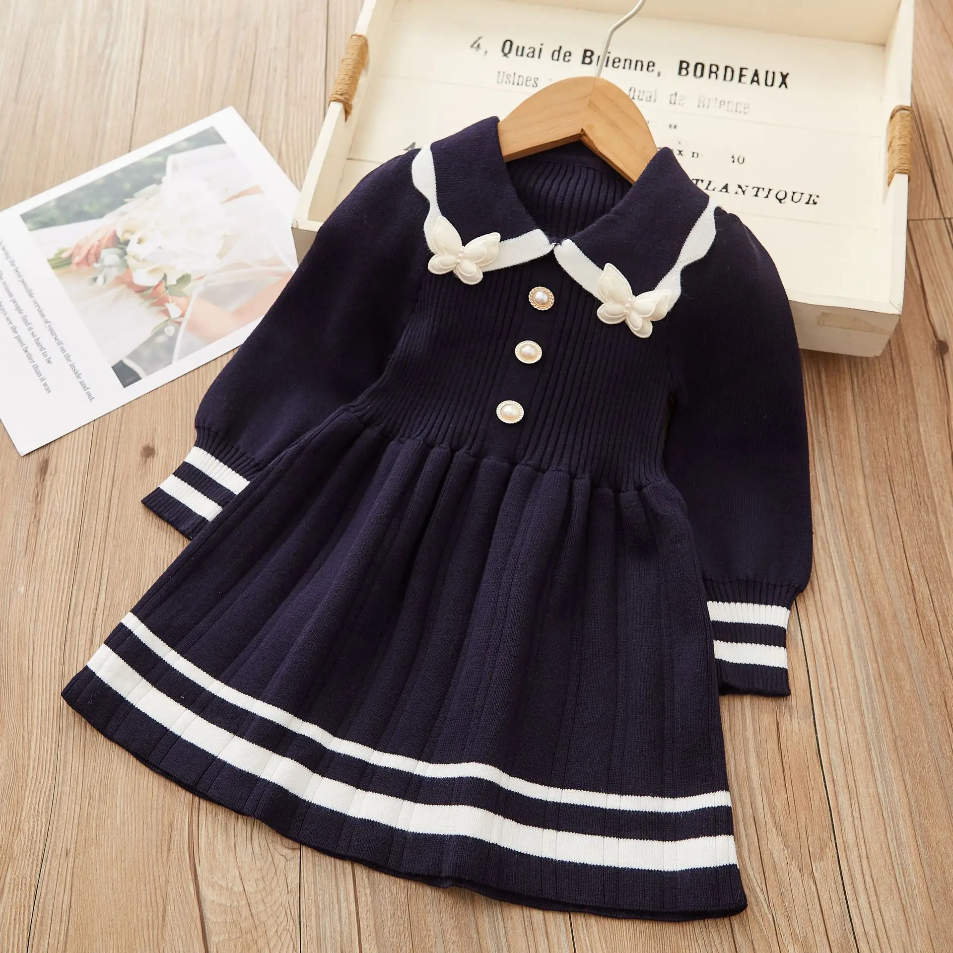 Korean Autumn/Winter Knitted Cute Dress Girl Striped Butterfly Applique Pearl Button Warm Sweater Long Sleeve Knitted Skirt 2-6Y