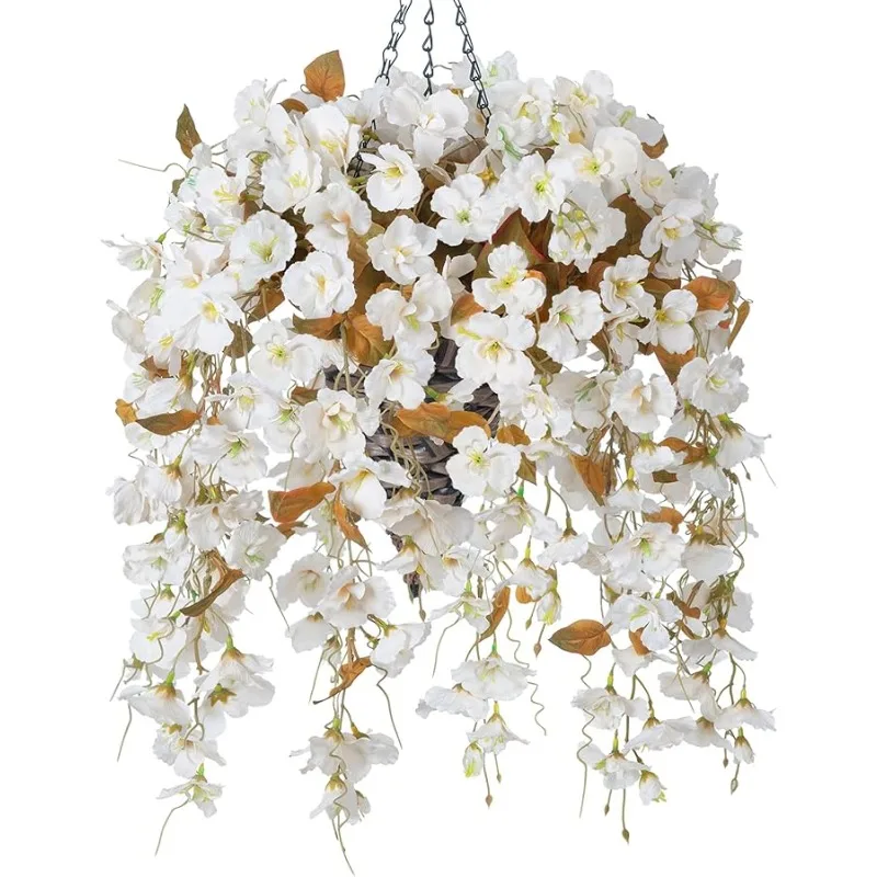 

Artificial Fall Hanging Flowers with Basket for Outdoors, Fake Hibiscus Vines Faux Hanging Plants UV Resistant Realistic Silk Fl