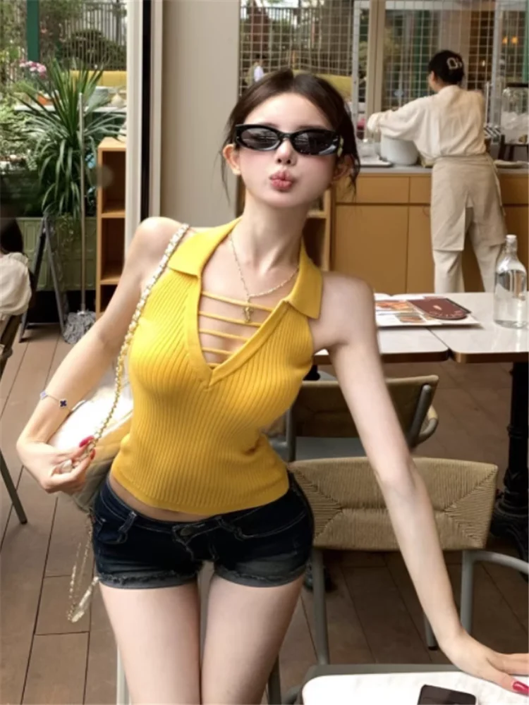 

Sexy Hot Girl Deep V Neck Hollow Yellow Red Short Tank Top Women New Summer Sleeveless Knitted Camis Vest Blue Grey Mini Shirt