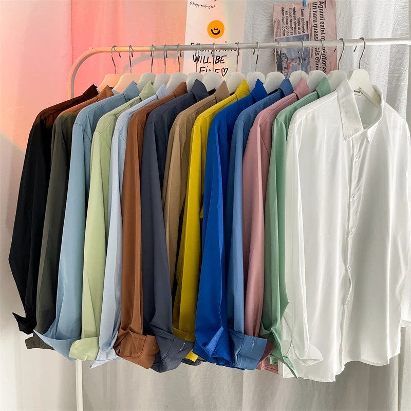 

Men 2025 Spring Autumn New Long-sleeved Casual Shirts Male Korean Solid Color Loose Shirt Mens Turn Down Collar Blouses P600
