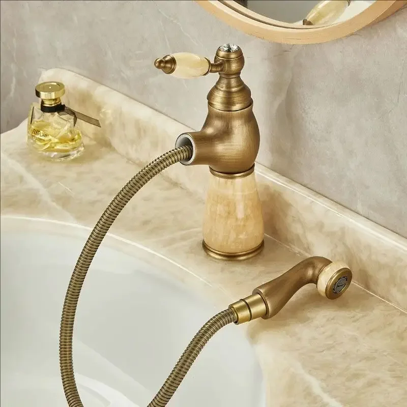 Antique Bathroom Basin Faucets Jade washroom basin sink tap mixer hot cold faucet Pull out sink faucet