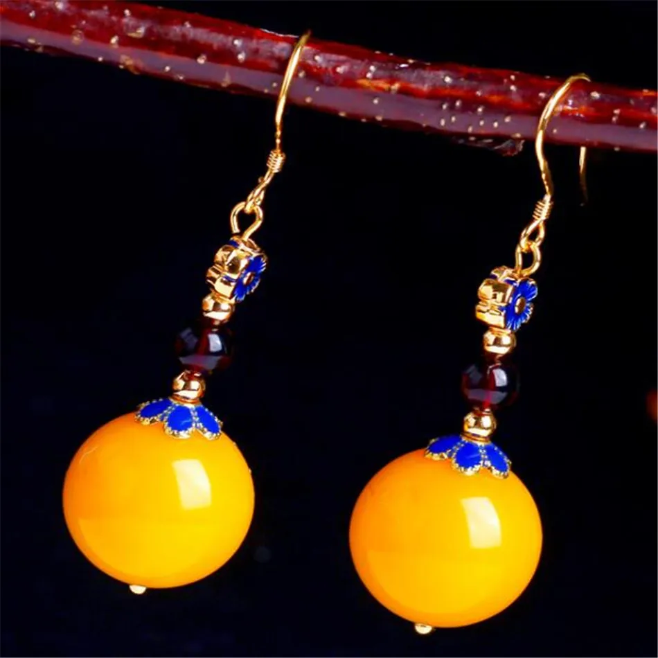 

Natural Topaz beeswax Earrings Dangle 18K lady gift Jewelry Clip-on Eardrop Gold Wedding