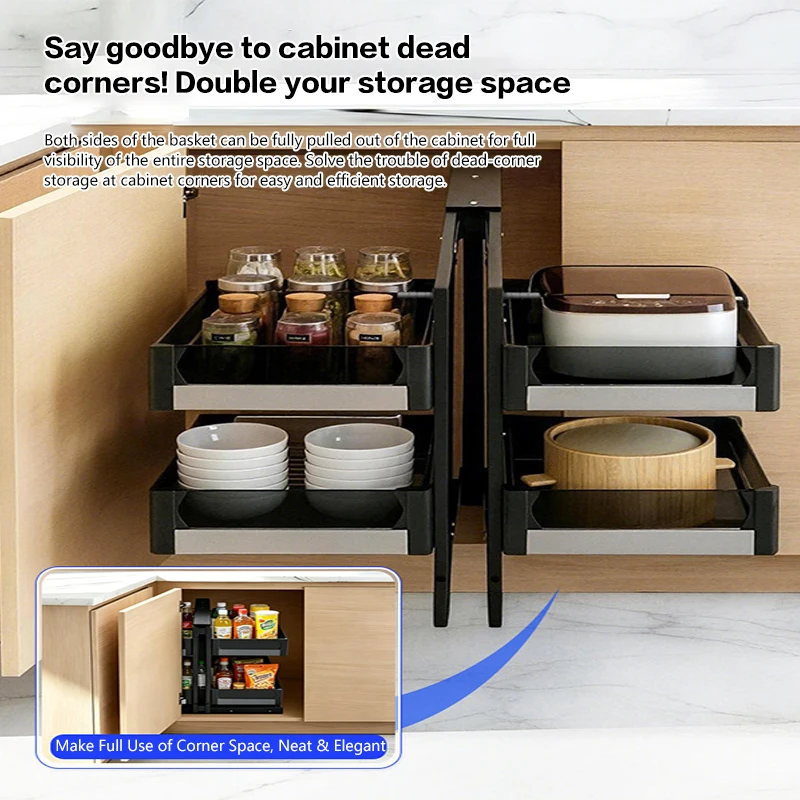 Full Extension Double Layer Corner Pull Out Basket Drawer Style Organizer Rack For Small Kitchen Cabinet Space Saving Design