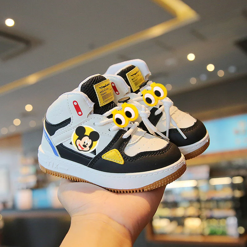 

Повседневная обувь с Микки Маусом для мальчиков, высокие детские кроссовки, весенне-осенние туфли для девочек, модные детские первые ходунки с мягкой подошвой
