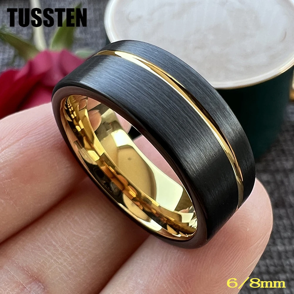 

Dropshipping TUSSTEN 6/8MM Gold-Color Tungsten Ring Men Women Flat Wedding Band Grooved Brushed Full Sizes In Stock