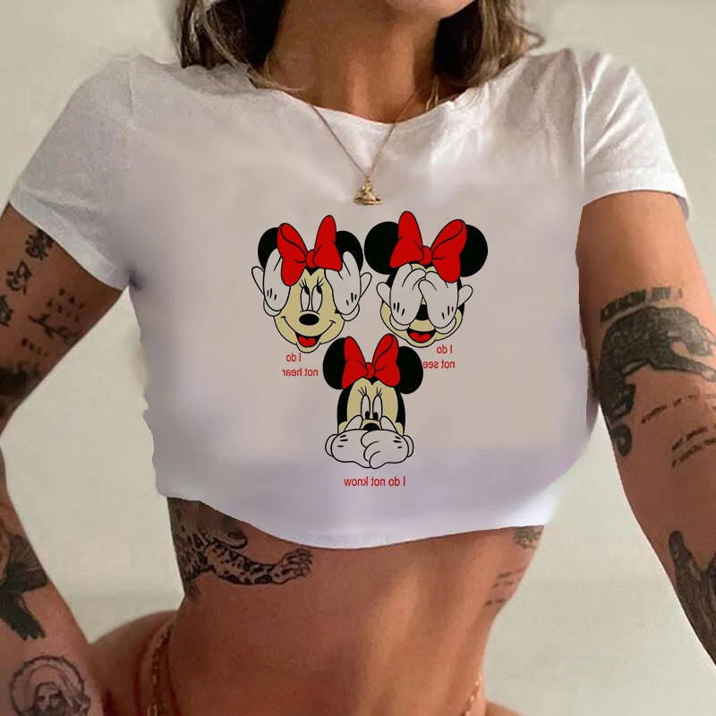 Mickey Mouse Minnie Mouse Women T-Shirt Slim Disney Crop Top Casual Tee Y2k Top Streetwear Sexy Tops Short Navel Female Clothes