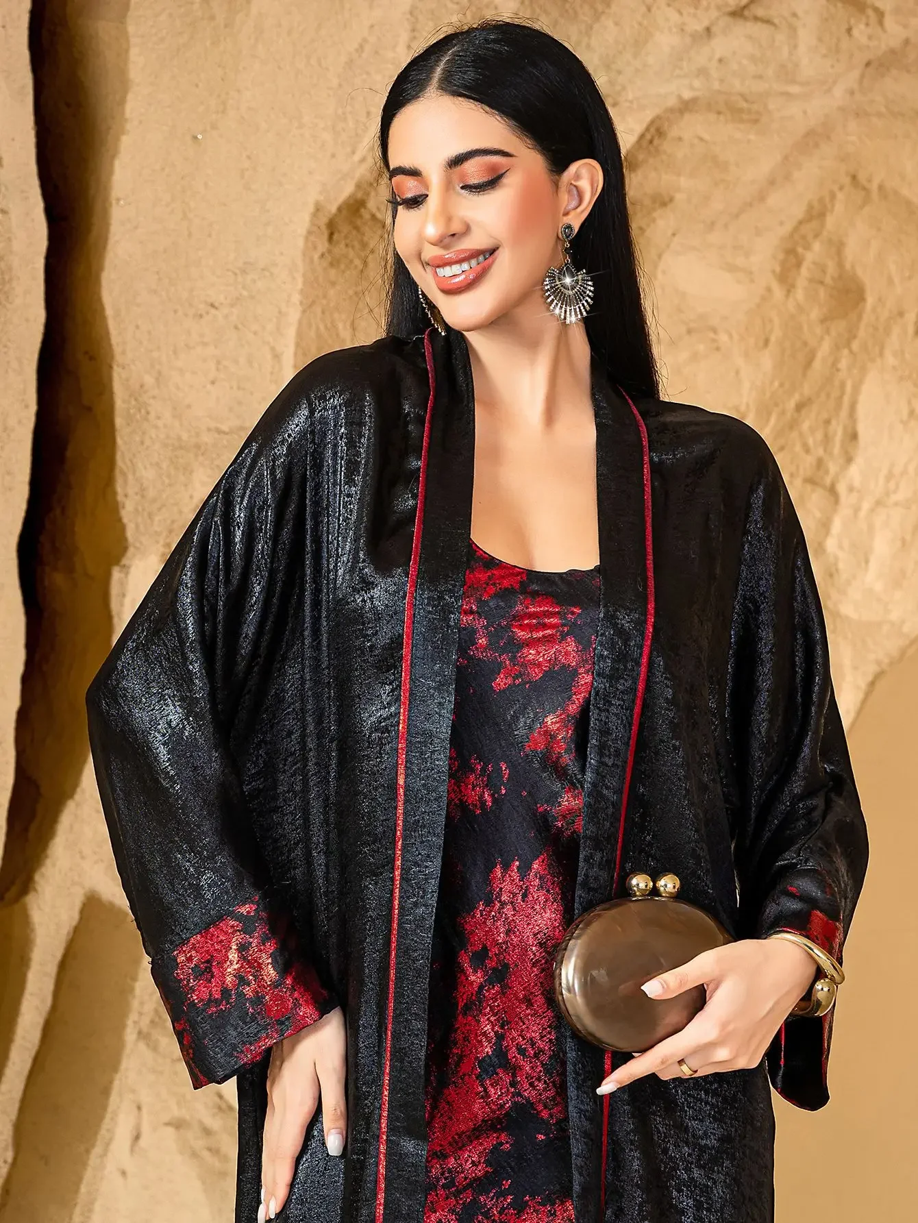 

Комплект из 2 предметов: Дубайское кимоно-кардиган и платье с внутренней подкладкой для женщин, мусульманский наряд на Ид и Рамадан, открытая абайя, кебая, кафтан, марокканское платье, джалабия