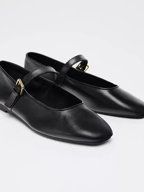 black-leather-round-toe-flat-bottom-ballet-style-flats-single-strap-fashionable-women's-shoes-comfortable-low-heel-footwear