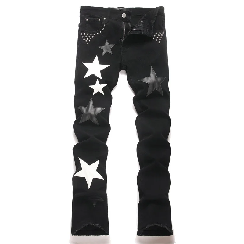 Men's Fashion High Street Punk Style Hip Hop Jeans Pants With Star Patchwork Fashion Slim Fit Stretchy Denim Trousers With Rivet