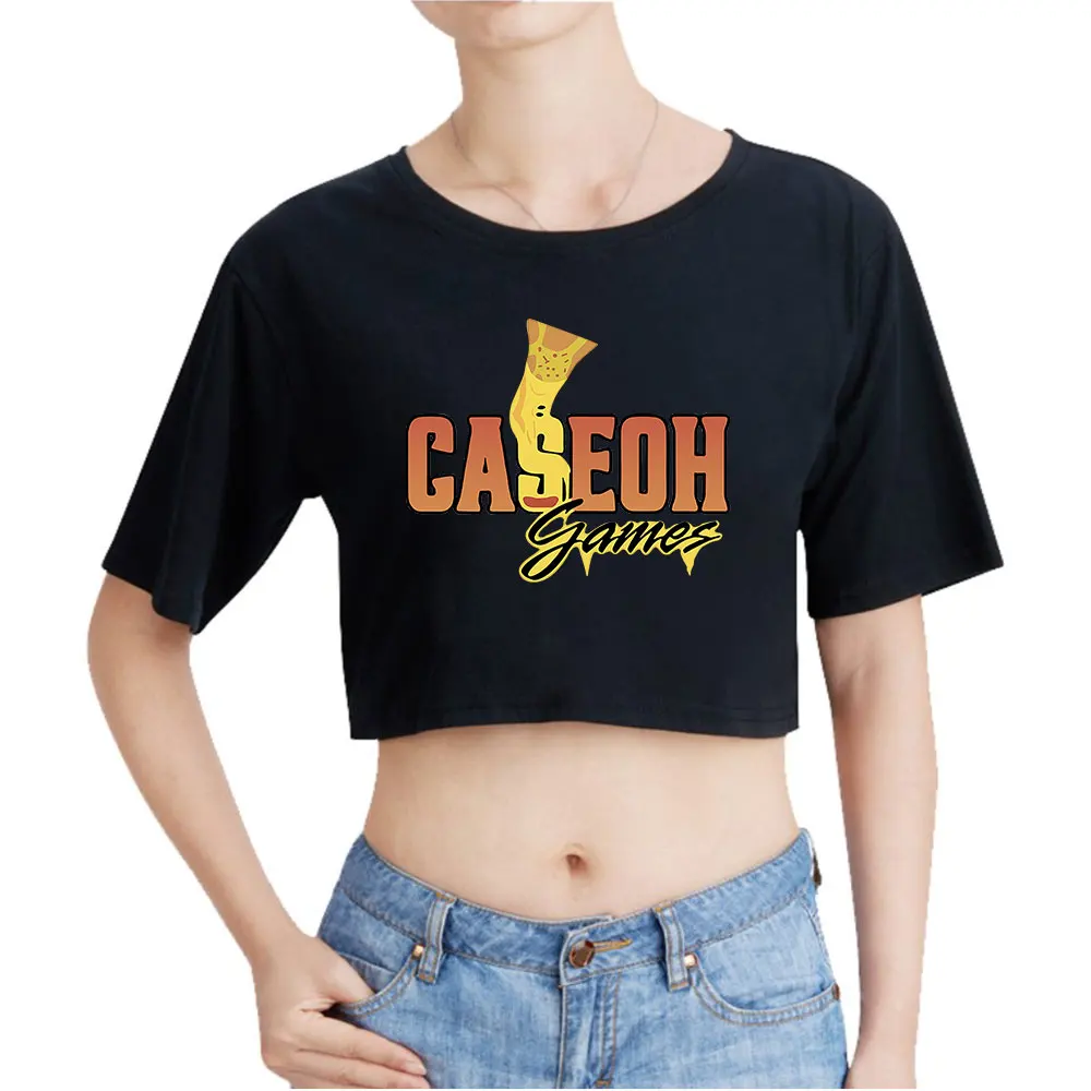 CaseohGame Vintage 90s Crop Top Exposed Navel T-Shirt Oversize O-Neck Tops Women Funny Tshirt Top