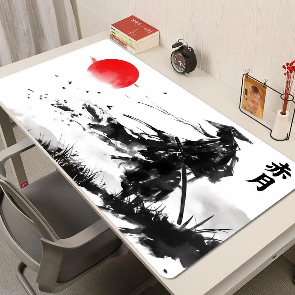 Vivid Red Round Sun Lone Samurai Silhouette Oriental Ink For Laptop Office Desktop Decor Mousepad