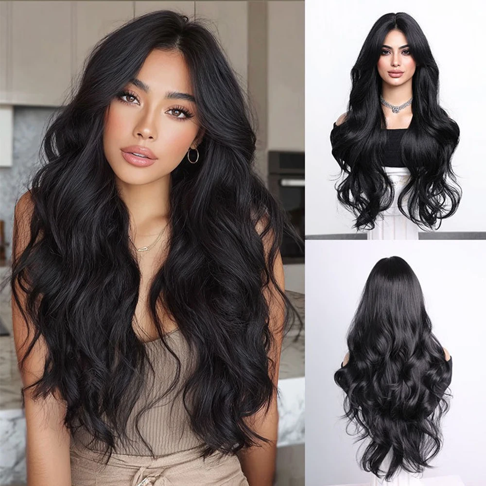 شعر مستعار طويل مموج صناعي طبيعي مع غرة شعر طويل مجعد للنساء للاستخدام اليومي شعر مستعار من الألياف عالي الجودة مقاوم للحرارة