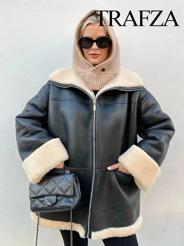 New 2023 Women Fashion Winter Coats Plus Veet Trend Lapel Fur Integrated Jacket Woman Pockets Vintage Outerwear Female Coat