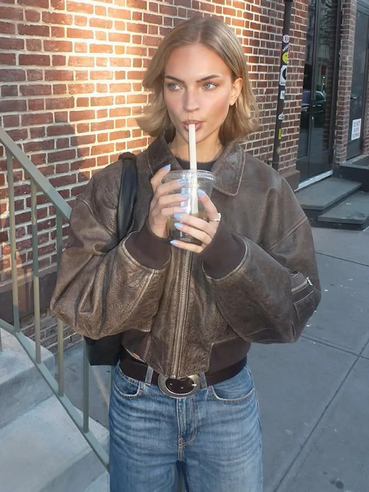 

Vintage Women Brown Jacket Fashionable Full Sleeve Lapel Collar Zipper Short Coat Causal 2025 Autumn High Street Commute Outwear